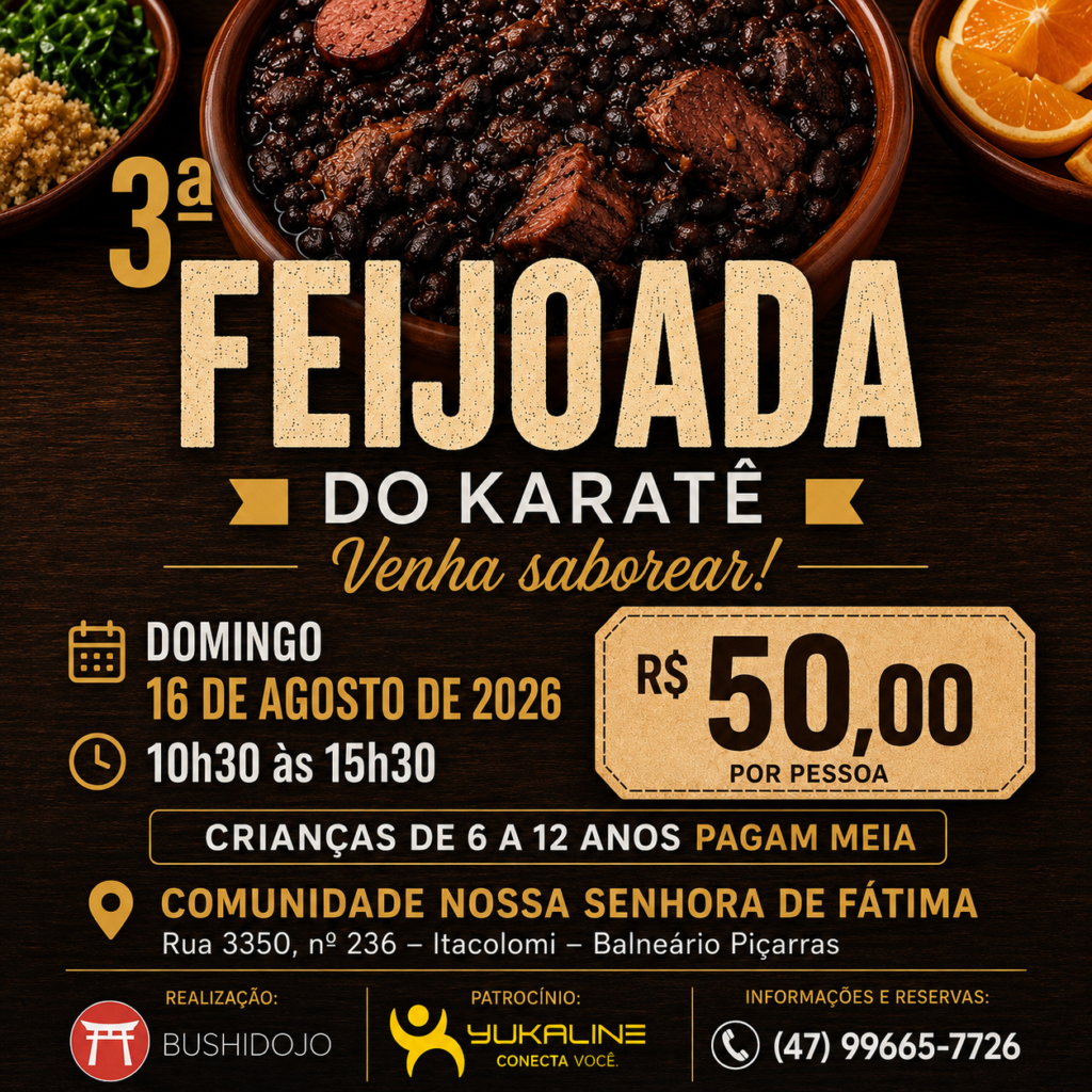 Feijoada do Karatê mobiliza comunidade em Balneário Piçarras neste domingo (16); Yukaline é patrocinadora oficial do evento